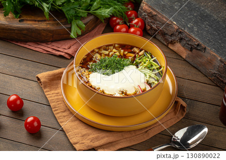 Okroshka soup with kvass and vegetables Okroshka soup with kvass and vegetables 130890022