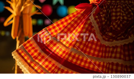 Traditional Red Checkered Tablecloth with Lace Trim in Warm Light 130890037