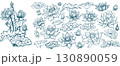 Set of Composition of Lotus Flowers and Floral Elements 130890059