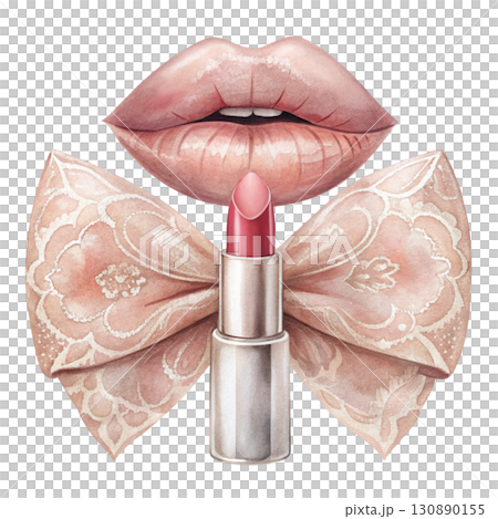 Delicate watercolor artwork of a lipstick with a translucent crystal-like bow clipart watercolor white background  130890155