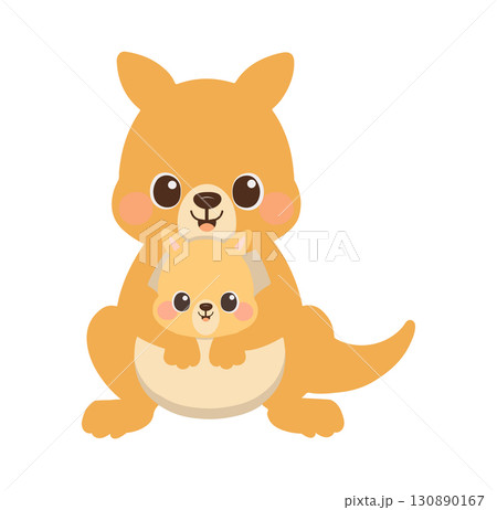 Cartoon Illustration of Kangaroo with Joey 130890167
