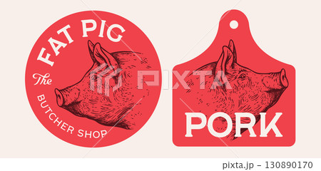 Pork, pig, hog, meat tag label. Template Meat Tag Label. Vintage print, tag, label farm pig sketch ink pencil style drawing. Butchery, pork pig farm, meat shop, text, typography. Vector Illustration 130890170