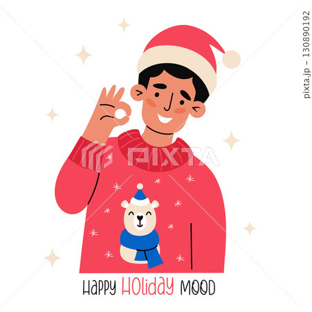Happy Man in In Santa Hat in Red Christmas Sweater with Bear. New Year Joyful Male Character with Hand Gesture Ok. Vector Illustration. Not AI Happy Man in In Santa Hat in Red Christmas Sweater with Bear. New Year Joyful Male Character with Hand Gesture Ok. Vector Illustration. Not AI 130890192