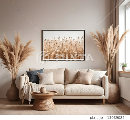 Interior Decor with wheat image: A beautifully furnished living room features a calming aesthetic, highlighted by a framed wheat field image. 130890234