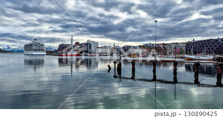 Tromso Harbor With Cruise Ship And Modern Buildings In Calm Fjord In Norway 130890425