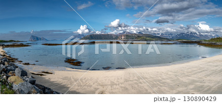 White Sand Beach And Calm Fjord At Sommaroy In Norway 130890429