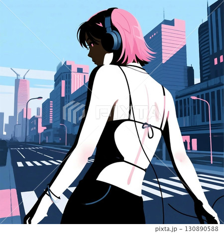 ピンク髪の女性のシンプルでかっこいいグラフィック素材 130890588