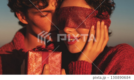Romantic Christmas Surprise Gift for Girlfriend on a Sunset Beach 130890684