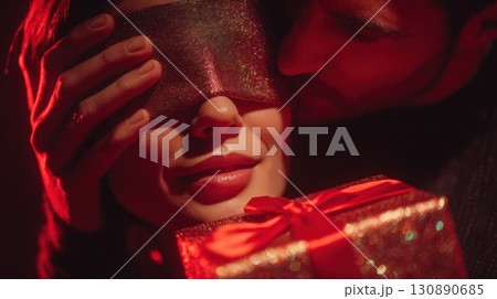 Romantic Christmas Surprise with Gift for Girlfriend in Candlelight 130890685