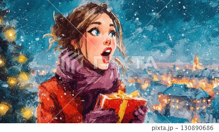 Joyful Woman Surprised by Christmas Gift Near Tree in Winter Setting 130890686