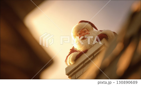 Cheerful Santa Claus Peeking from Chimney on Christmas Eve 130890689