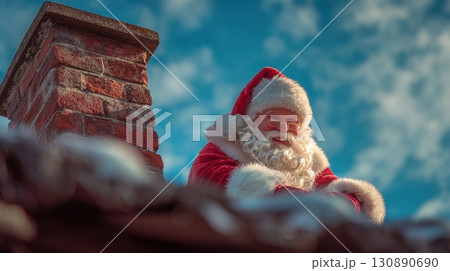 Cheerful Santa Claus on Roof Near Chimney on Christmas Eve 130890690
