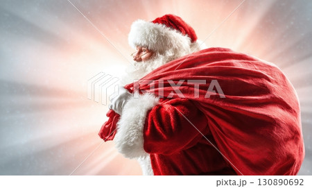 Santa Claus with Large Red Bag Overflowing with Gifts Isolated Background 130890692