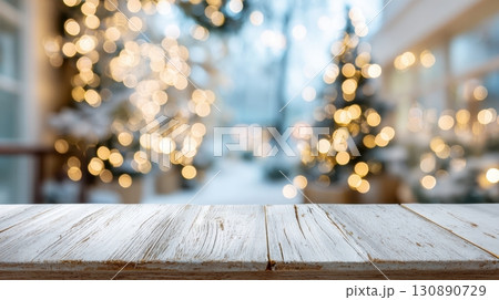 Warm Wooden Tabletop Abstract Background with Holiday Lights 130890729