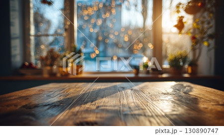 Festive Wooden Table with Blurred Background and Sunlight Effects 130890747