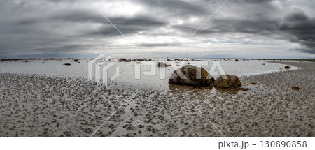 Abandoned Sand Beach With Boulders And Sandworm Piles On Andoya Island Of Lofoten In Norway 130890858