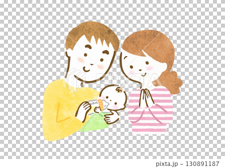 A hand-drawn illustration of a mother standing next to a father who is feeding a baby 130891187