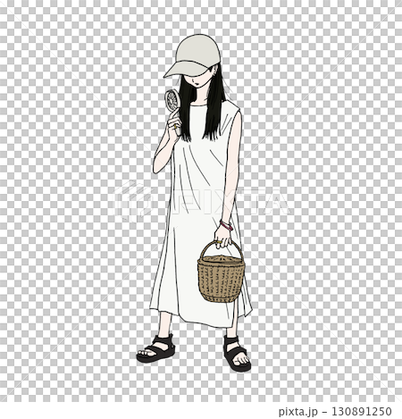 一位身穿連身裙的女士拿著移動風扇對著臉抵禦酷暑（彩色） 130891250