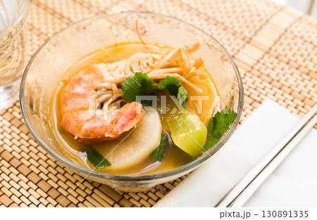 Thai soup with seafood and vegetables 130891335