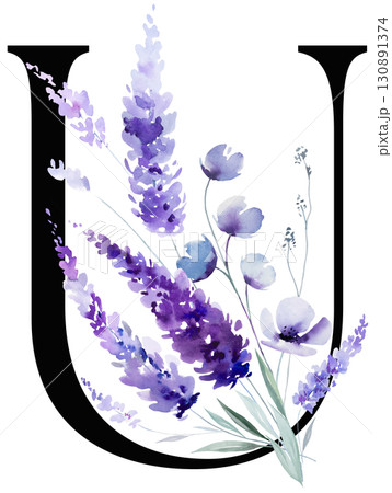 Black letter U with watercolor purple lavender flowers, summer floral wedding isolated monogram 130891374