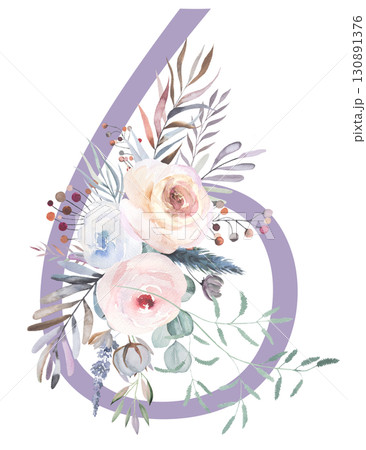 Number 6 with Watercolor pastel tender flowers and leaves, isolated illustration, Baby shower element 130891376