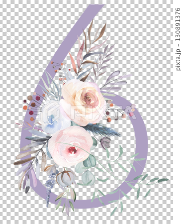 Number 6 with Watercolor pastel tender flowers and leaves, isolated illustration, Baby shower element 130891376