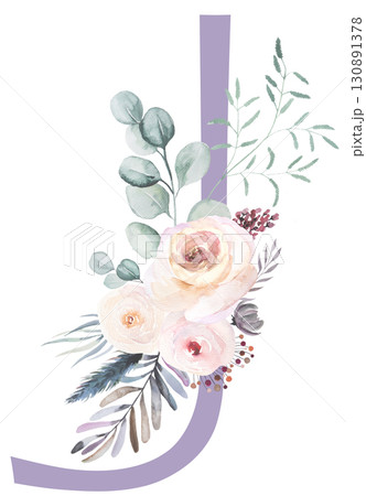 Letter J with Watercolor pastel tender flowers and leaves, isolated illustration, Baby shower element 130891378