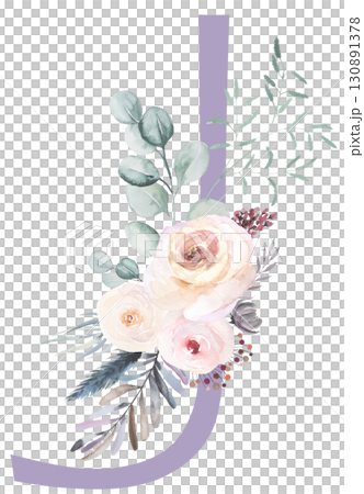 Letter J with Watercolor pastel tender flowers and leaves, isolated illustration, Baby shower element 130891378