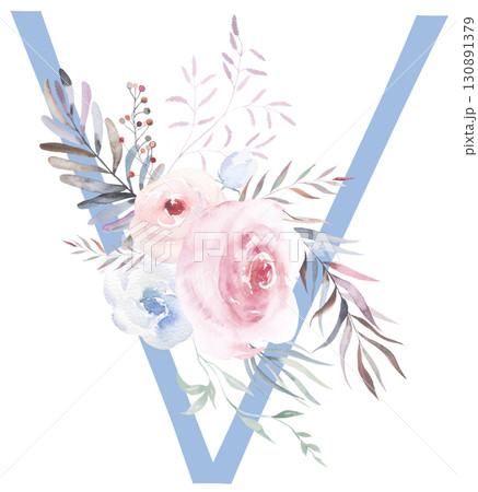 Letter V with Watercolor pastel tender flowers and leaves, isolated illustration, Baby shower element 130891379