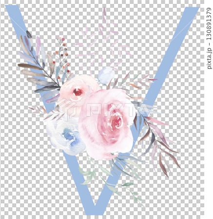 Letter V with Watercolor pastel tender flowers and leaves, isolated illustration, Baby shower element 130891379