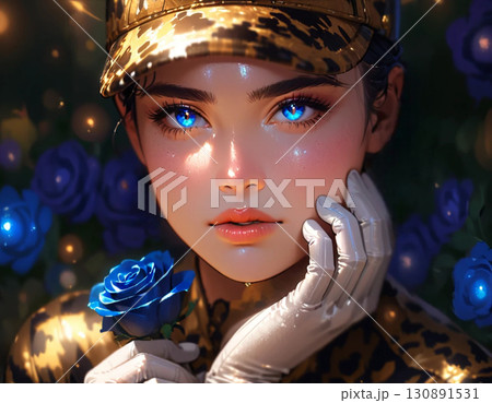 薔薇を背景にポーズをとる制服女性・高画質JPG素材 130891531
