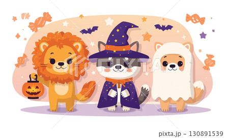 ハロウィン仮装をした動物かわいいイラスト素材 130891539
