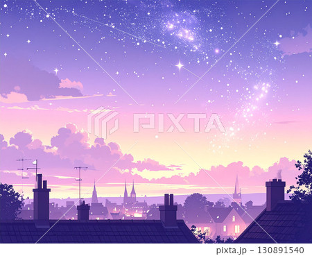 星空とパステル調の夕暮れ空が広がるヨーロッパ風街並みの幻想イラスト 130891540