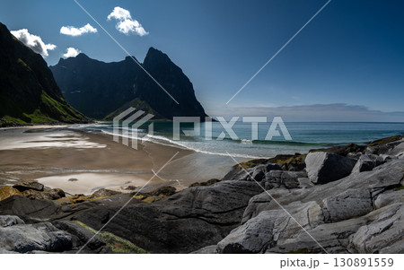 Kvalvika Sand Beach With Mountains And Ocean On Lofoten Islands In Norway 130891559