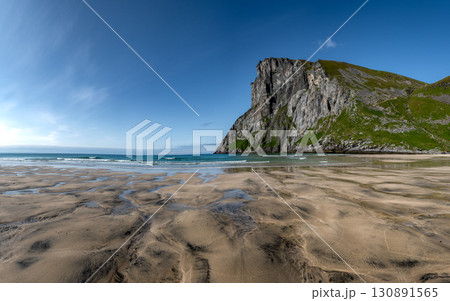 Kvalvika Sand Beach With Mountains And Ocean On Lofoten Islands In Norway 130891565