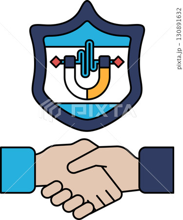 A handshake between two people is shown with a shield behind them A handshake between two people is shown with a shield behind them 130891632