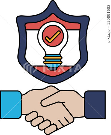 A shield with a light bulb on it and two hands shaking A shield with a light bulb on it and two hands shaking 130891682
