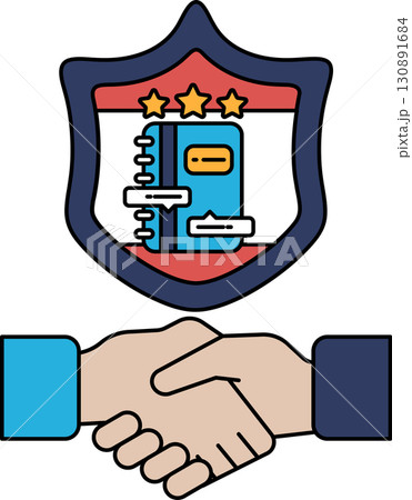 A shield with a book on it and two hands shaking A shield with a book on it and two hands shaking 130891684