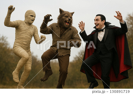 ダンスを踊るドラキュラとオオカミ男とミイラ男 130891719