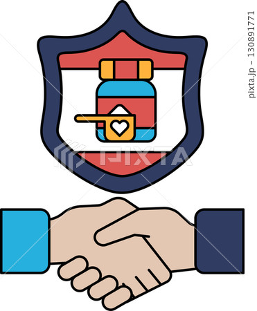 A black and white image of two hands shaking with a shield behind them 130891771