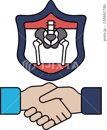 A black and white drawing of two hands shaking hands with a shield behind them A black and white drawing of two hands shaking hands with a shield behind them 130891786