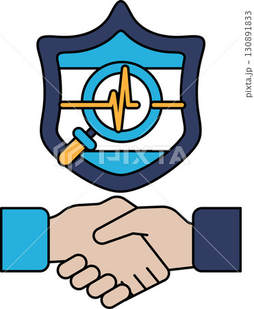 A black and white drawing of two hands shaking hands with a shield behind them A black and white drawing of two hands shaking hands with a shield behind them 130891833