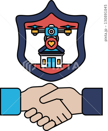 A black and white image of two hands shaking with a shield behind them A black and white image of two hands shaking with a shield behind them 130891845