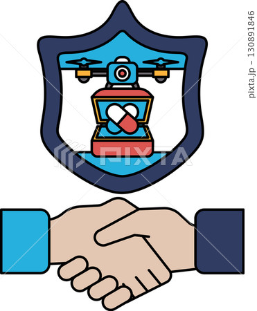 A black and white image of two hands shaking with a shield behind them A black and white image of two hands shaking with a shield behind them 130891846