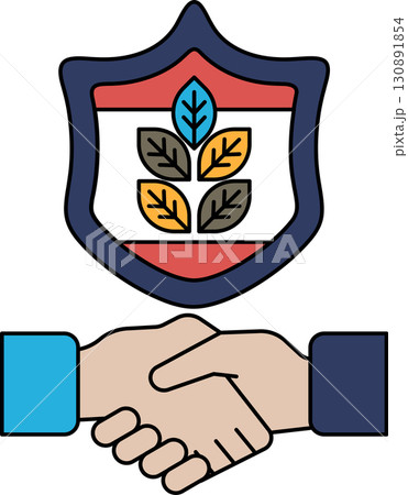 A black and white image of two hands shaking with a shield behind them 130891854