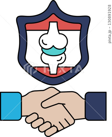 A black and white drawing of two hands shaking hands with a shield behind them 130891928