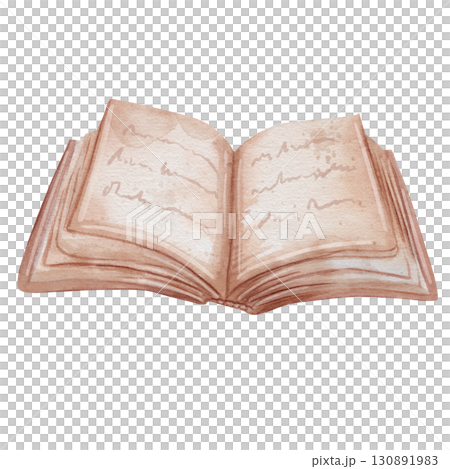 Open book with pages containing text. Watercolor illustration in vintage style. Educational item or an antique book containing letters and spells. library. White background, hand drawn illustration 130891983