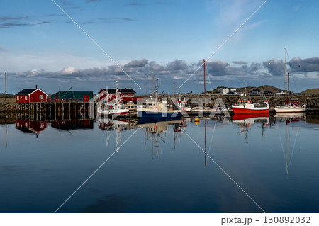Harbor Of Hamnoy Village With Small Boats On Lofoten Islands In Norway Harbor Of Hamnoy Village With Small Boats On Lofoten Islands In Norway 130892032