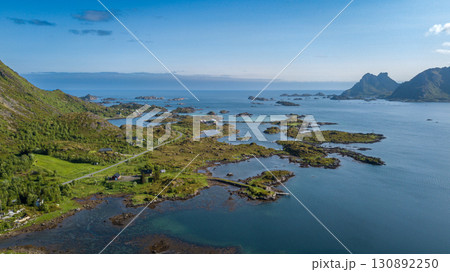 Aerial View Of Coastal Landscape Near Leknes And Mortsunt On Lofoten Islands In Norway Aerial View Of Coastal Landscape Near Leknes And Mortsunt On Lofoten Islands In Norway 130892250