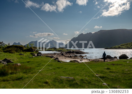Coastal Landscape With Fjord And Cottage Near Leknes On Lofoten Islands In Norway Coastal Landscape With Fjord And Cottage Near Leknes On Lofoten Islands In Norway 130892253